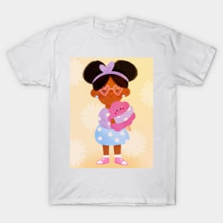 Adorable Black Girl with Cotton Candy - Sweet Floral Art T-Shirt